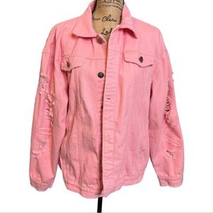Pink denim distressed jacket